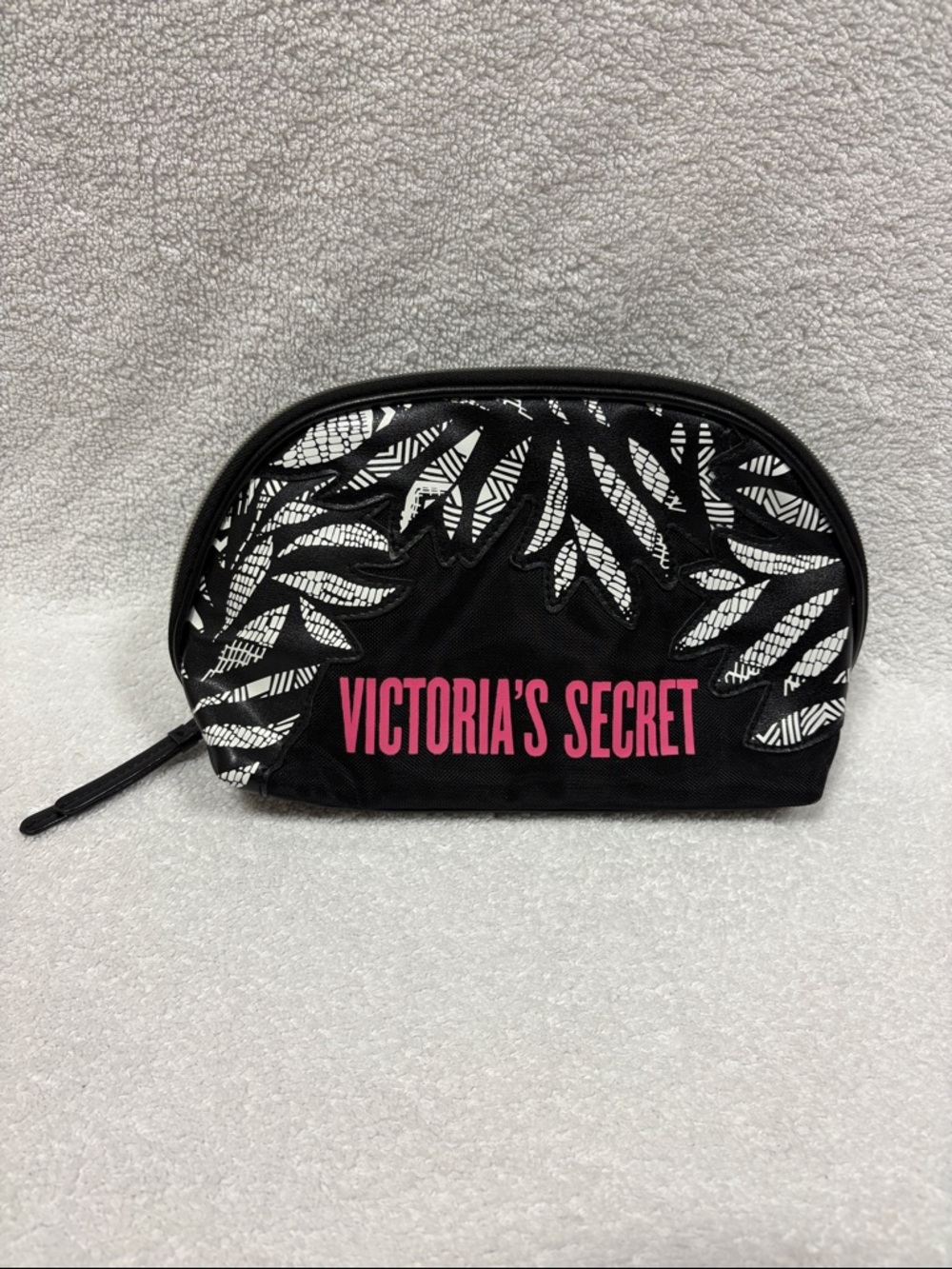 Victoria's Secret Black & White Leaf Cosmetic Pouch with Pink Logo